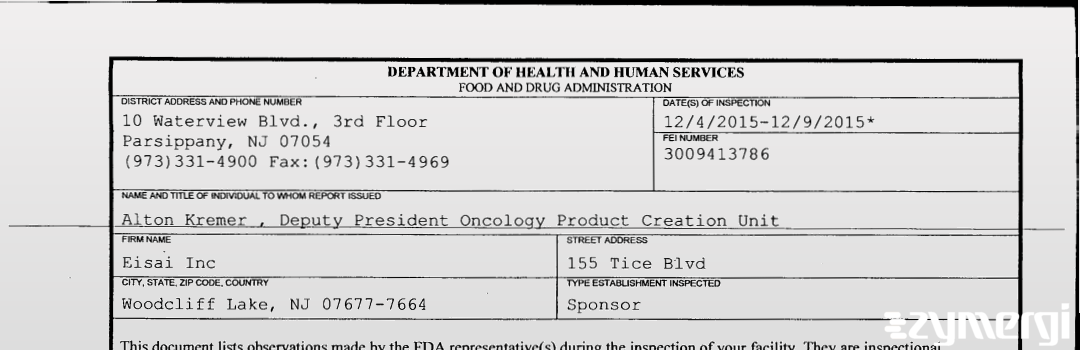 FDANews 483 Eisai, Inc. Dec 9 2015 top