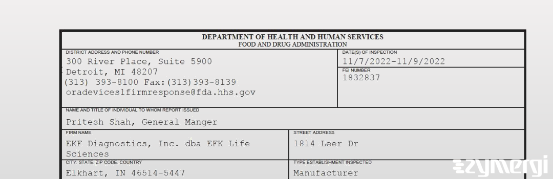 FDANews 483 EKF Diagnostics, Inc. dba EFK Life Sciences Nov 9 2022 top