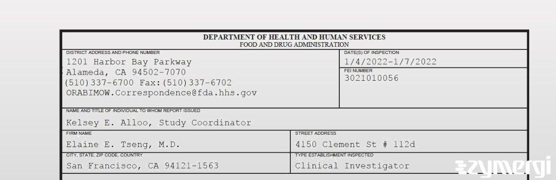 FDANews 483 Elaine E. Tseng, M.D. Jan 7 2022 top