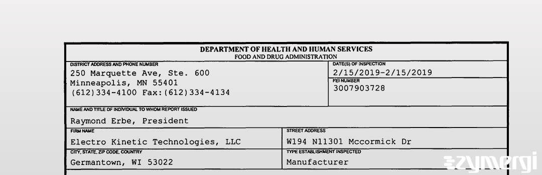 FDANews 483 Electro Kinetic Technologies, LLC Feb 15 2019 top