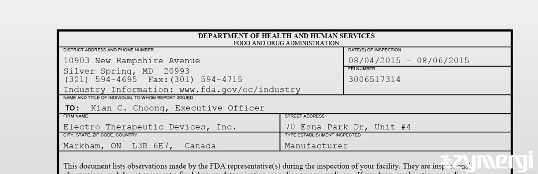 FDANews 483 Electro-Therapeutic Devices, Inc. Aug 6 2015 top