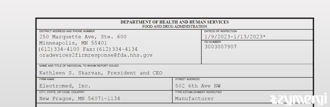 FDANews 483 Electromed, Inc. Jan 13 2023 top