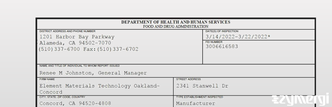 FDANews 483 Element Materials Technology Oakland-Concord Mar 22 2022 top