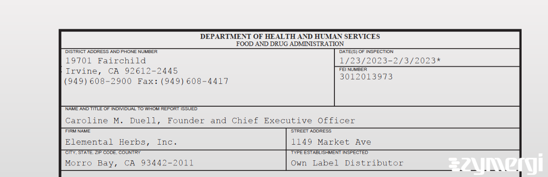 FDANews 483 Elemental Herbs, Inc. Feb 3 2023 top