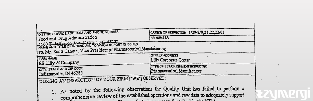 FDANews 483 Eli Lilly And Company Feb 23 2001 top