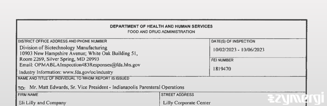 FDANews 483 Eli Lilly & Company Oct 6 2023 top