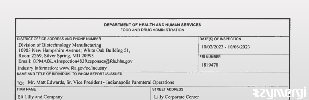 FDANews 483 Eli Lilly & Company Oct 6 2023 top