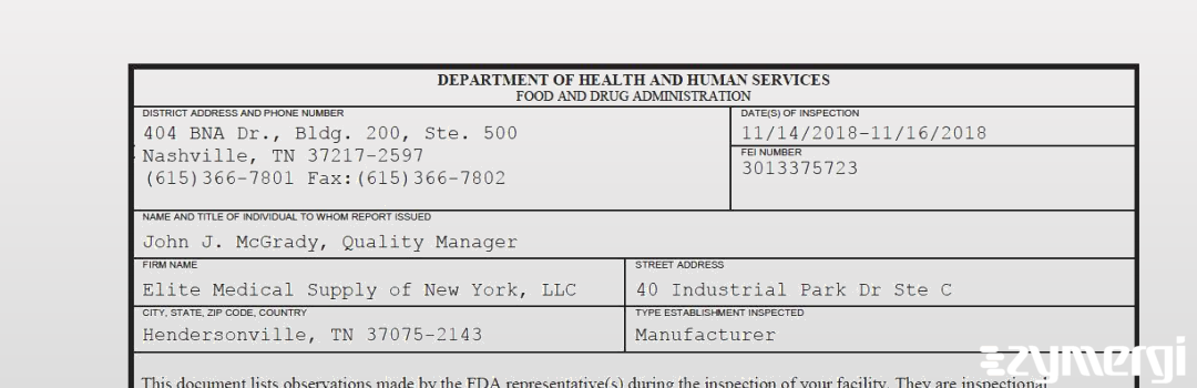 FDANews 483 Elite Medical Supply of New York, LLC Nov 16 2018 top