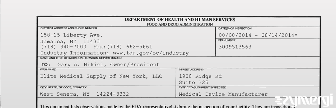 FDAzilla 483 Elite Medical Supply of New York, LLC Aug 14 2014 top