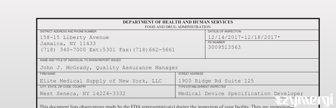 FDANews 483 Elite Medical Supply of New York, LLC Dec 18 2017 top