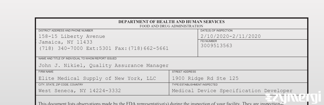 FDANews 483 Elite Medical Supply of New York, LLC Feb 11 2020 top