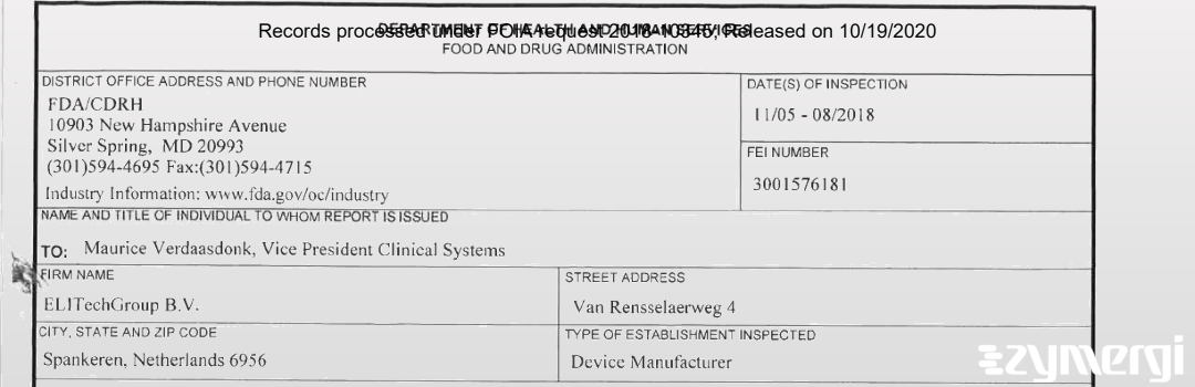 FDANews 483 ELITech Group B.V. Nov 8 2018 top