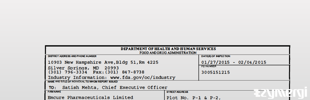 FDANews 483 Emcure Pharmaceuticals Limited Feb 4 2015 top