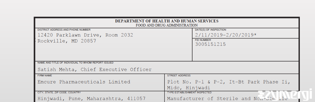 FDANews 483 Emcure Pharmaceuticals Limited Feb 20 2019 top