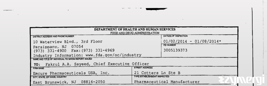 FDANews 483 Emcure Pharmaceuticals USA, Inc. Jan 8 2014 top