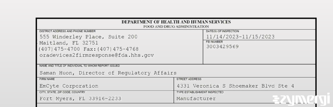 FDANews 483 EmCyte Corporation Nov 15 2023 top