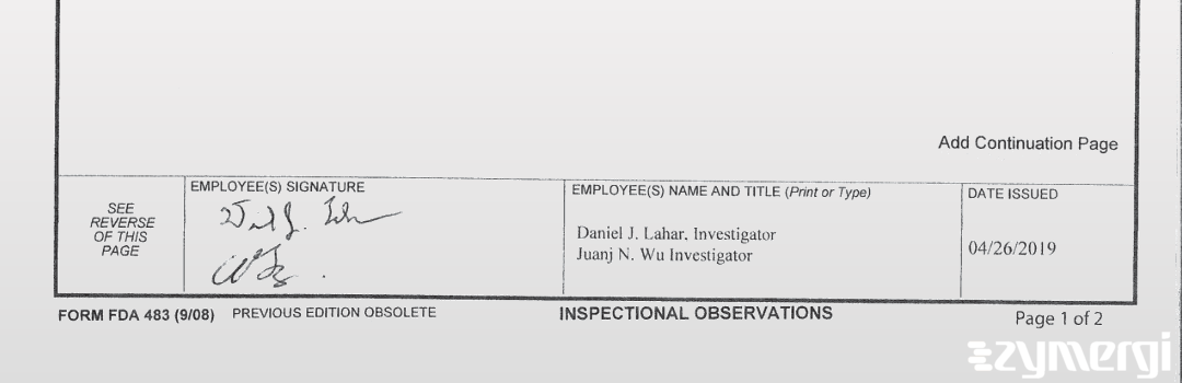 Juanj Wu FDA Investigator Daniel J. Lahar FDA Investigator Juanj N. Wu FDA Investigator 