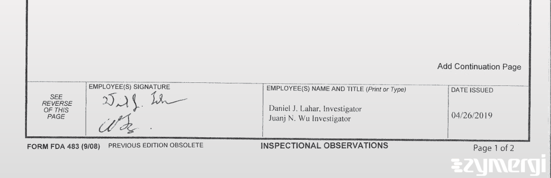 Juanj Wu FDA Investigator Daniel J. Lahar FDA Investigator Juanj N. Wu FDA Investigator