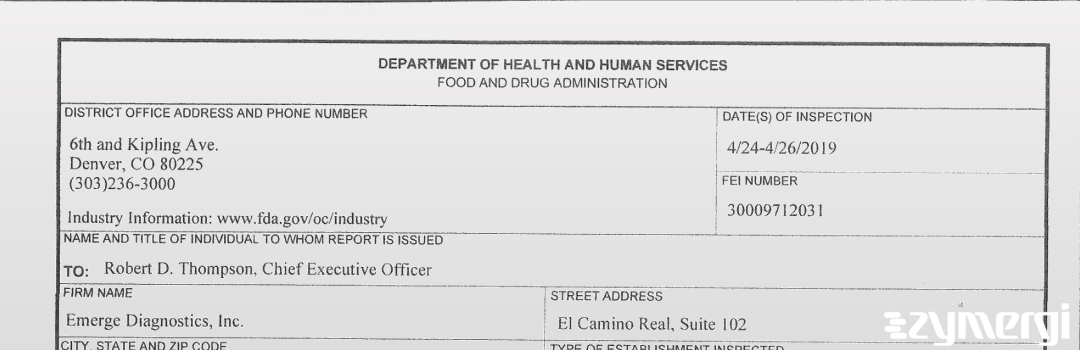 FDANews 483 Emerge Diagnostics Inc. Apr 26 2019 top