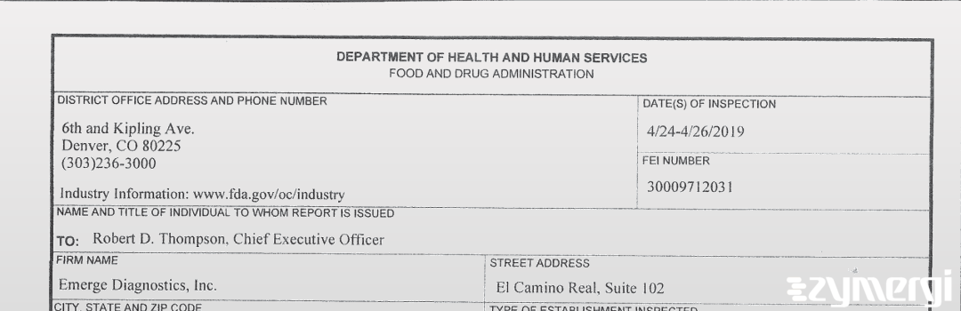 FDANews 483 Emerge Diagnostics Inc. Apr 26 2019 top