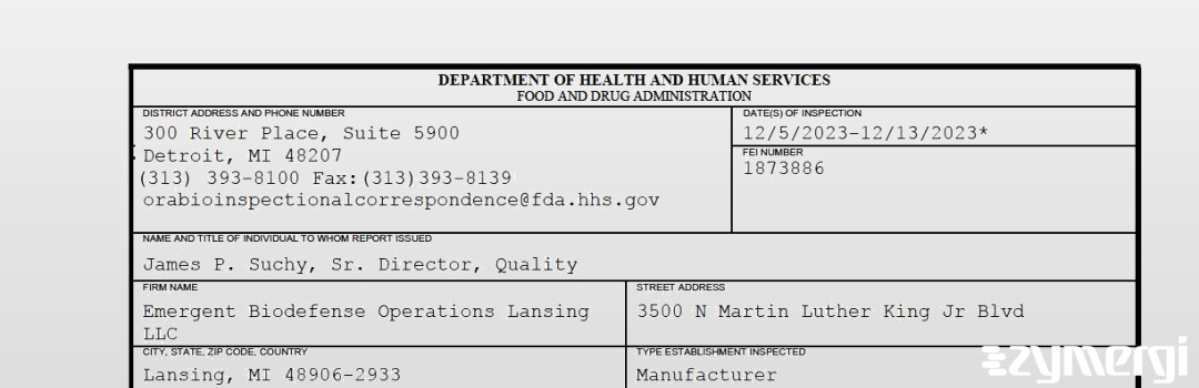 FDANews 483 Emergent Biodefense Operations Lansing LLC Dec 13 2023 top