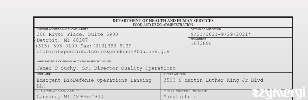 FDANews 483 Emergent Biodefense Operations Lansing LLC Sep 29 2021 top