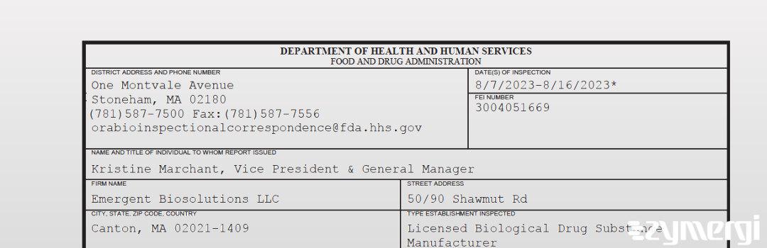 FDANews 483 Emergent Biosolutions LLC Aug 16 2023 top