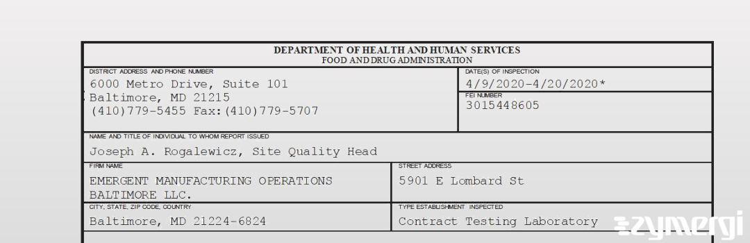 FDANews 483 Emergent Manufacturing Operations Baltimore LLC. Apr 20 2020 top