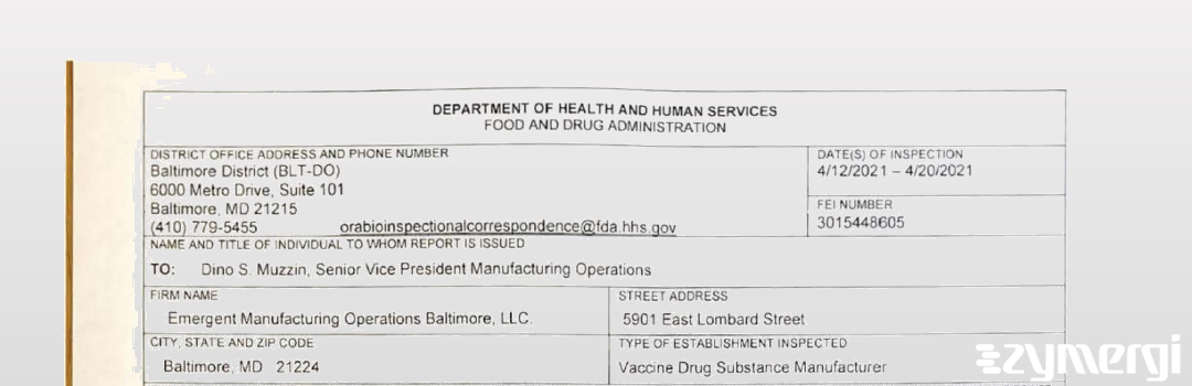 FDANews 483 Emergent Manufacturing Operations Baltimore LLC. Apr 20 2021 top
