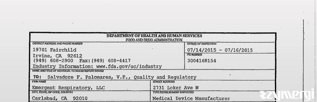 FDANews 483 Emergent Respiratory, LLC Jul 16 2015 top