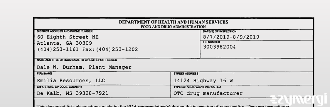 FDANews 483 Emilia Resources, LLC Aug 9 2019 top