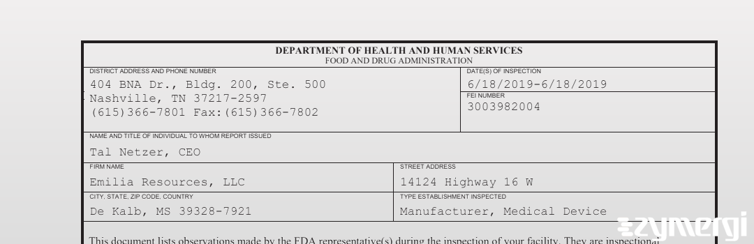 FDANews 483 Emilia Resources, LLC Jun 18 2019 top