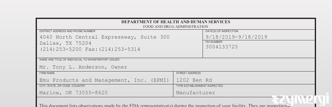 FDANews 483 Emu Products and Management, Inc. (EPMI) Sep 18 2019 top