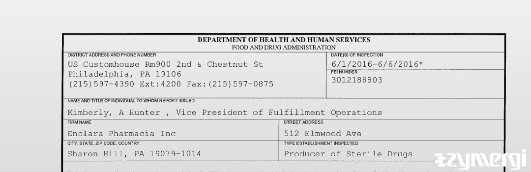 FDANews 483 Enclara Pharmacia Inc Jun 6 2016 top