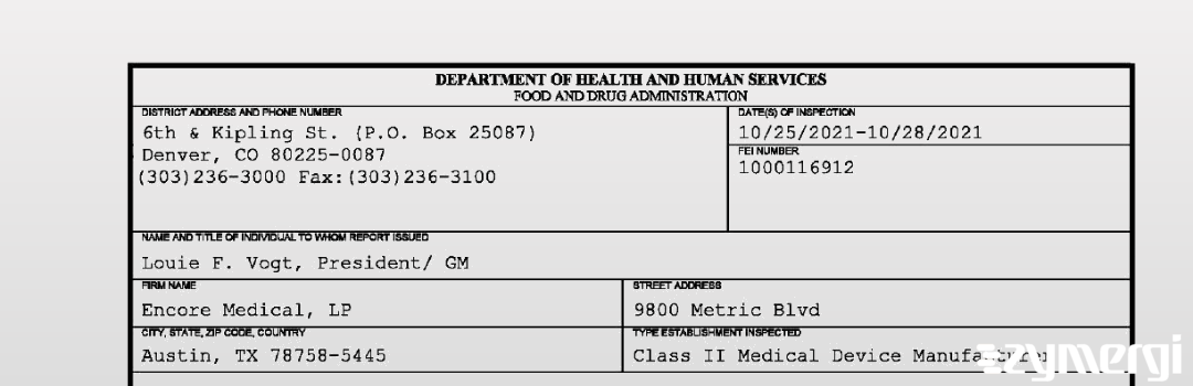 FDANews 483 Encore Medical, LP Oct 28 2021 top