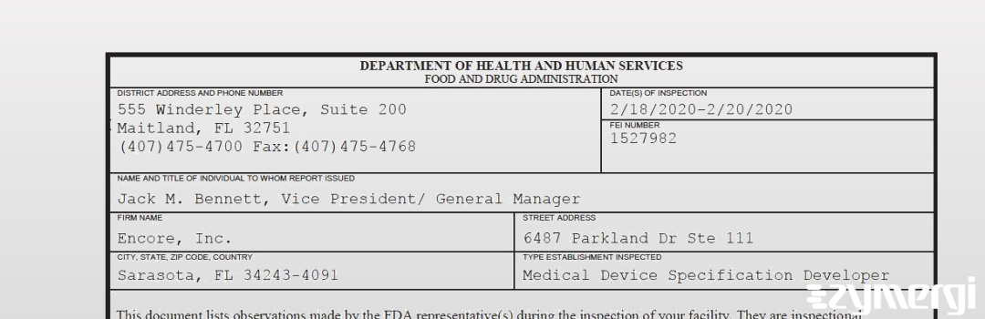 FDANews 483 Encore, Inc. Feb 20 2020 top