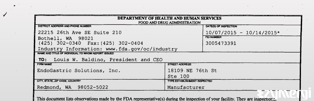 FDANews 483 Endogastric Solutions, Inc. Oct 14 2015 top