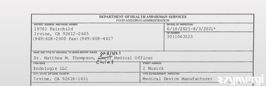 FDANews 483 Endologix LLC Aug 3 2021 top