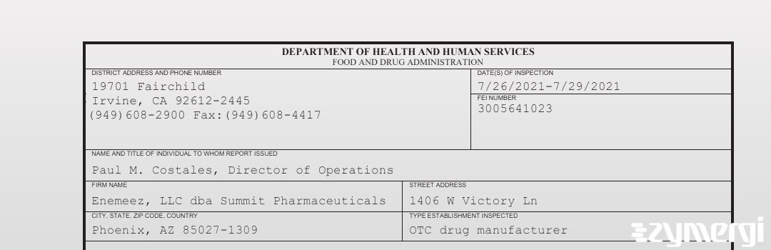 FDANews 483 Enemeez, LLC dba Summit Pharmaceuticals Jul 29 2021 top