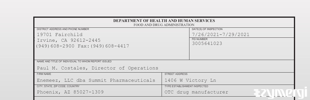 FDANews 483 Enemeez, LLC dba Summit Pharmaceuticals Jul 29 2021 top