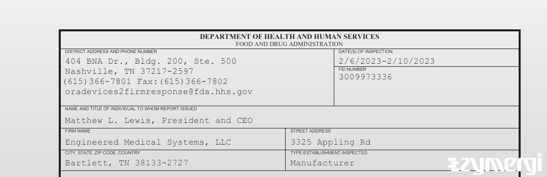 FDANews 483 Engineered Medical Systems, LLC Feb 10 2023 top