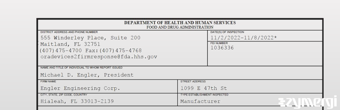 FDANews 483 Engler Engineering Corp. Nov 8 2022 top