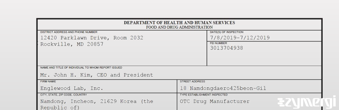FDANews 483 Englewood Lab, Inc. Jul 12 2019 top