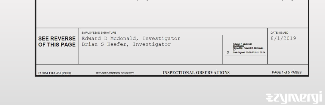 Brian S. Keefer FDA Investigator Edward D. McDonald FDA Investigator 