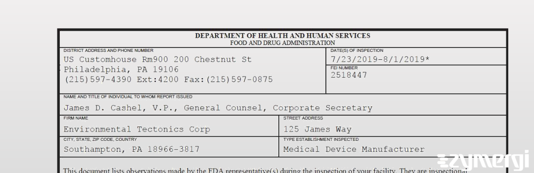 FDANews 483 Environmental Tectonics Corp Aug 1 2019 top