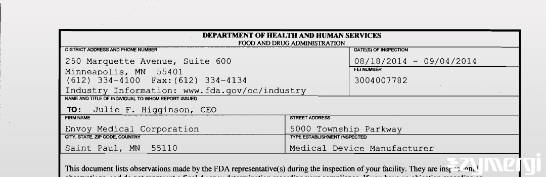 FDAzilla 483 Envoy Medical Corporation Sep 4 2014 top