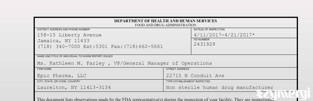 FDANews 483 Epic Pharma, LLC Apr 21 2017 top