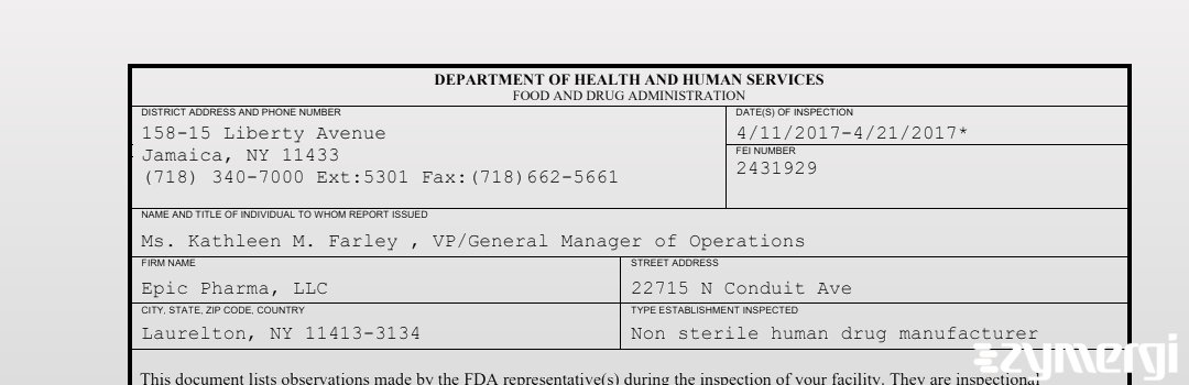 FDANews 483 Epic Pharma, LLC Apr 21 2017 top