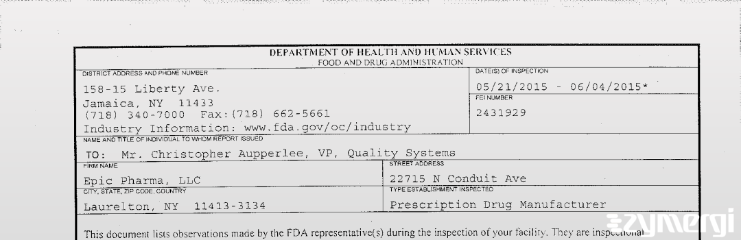 FDANews 483 Epic Pharma, LLC Jun 4 2015 top