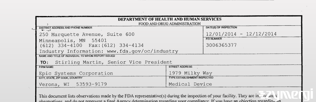 FDANews 483 Epic Systems Corporation Dec 12 2014 top